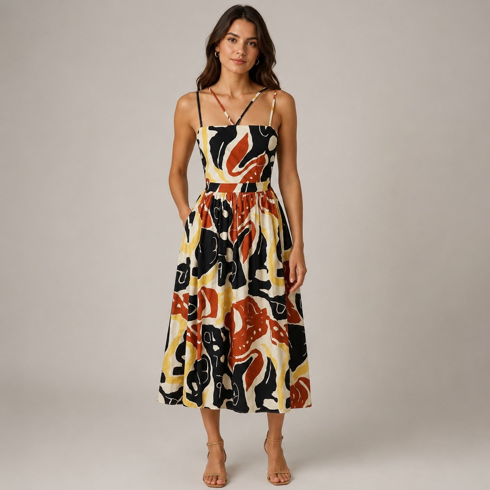 De Loreta Cotton Abstract Print Midi Dress XS Strappy Smocked Back‎ Peru Black